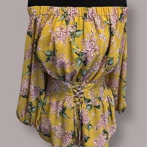 NWT Entro Mustard Yellow Floral Off-Shoulder Boho Blouse Corset Front Size S